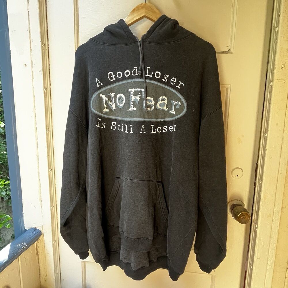 Y2K No Fear Black Hoodie Sz L Good Loser Skate Grunge Urban Drawstring Pockets